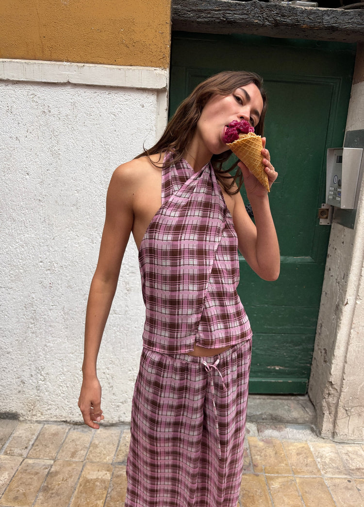 Pantalón largo bombacho de cuadros rosa con tiro bajo y cordón en la cintura