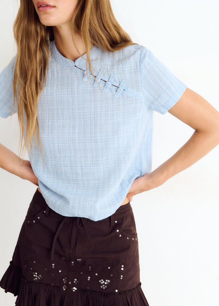 Blouse met Japans ruitdetail