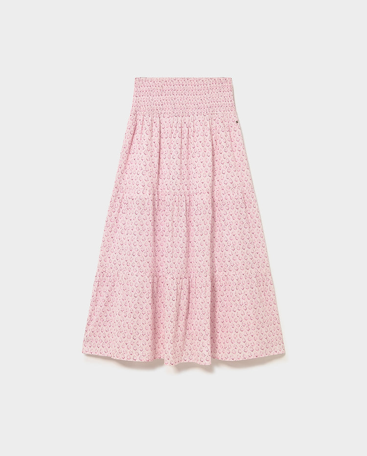 Falda larga rosa con fruncido en la cintura y estampado floral, vista frontal completa