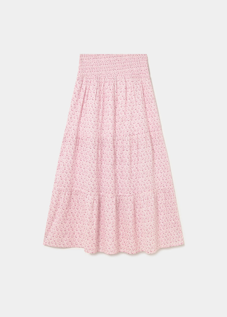 Falda larga rosa con estampado floral y fruncido en la cintura