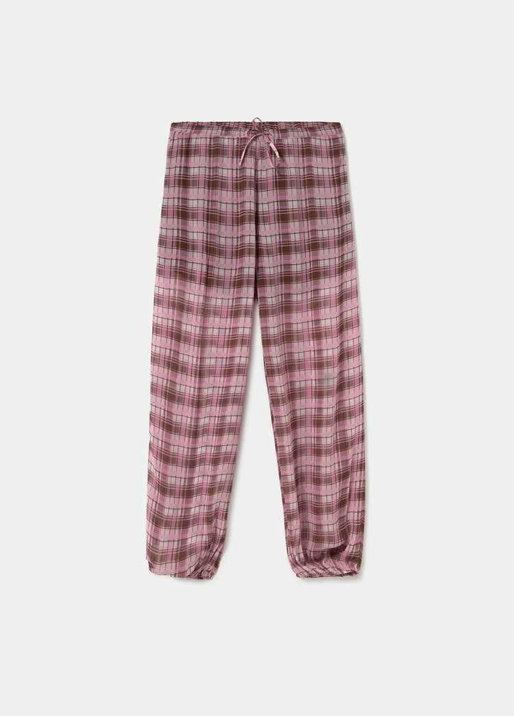Pantalón largo bombacho de cuadros en rosa con cordón de ajuste en la cintura