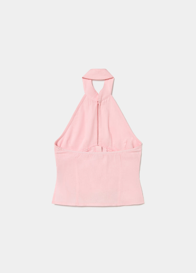 Top halter de color rosa claro con escote profundo y tirantes finos