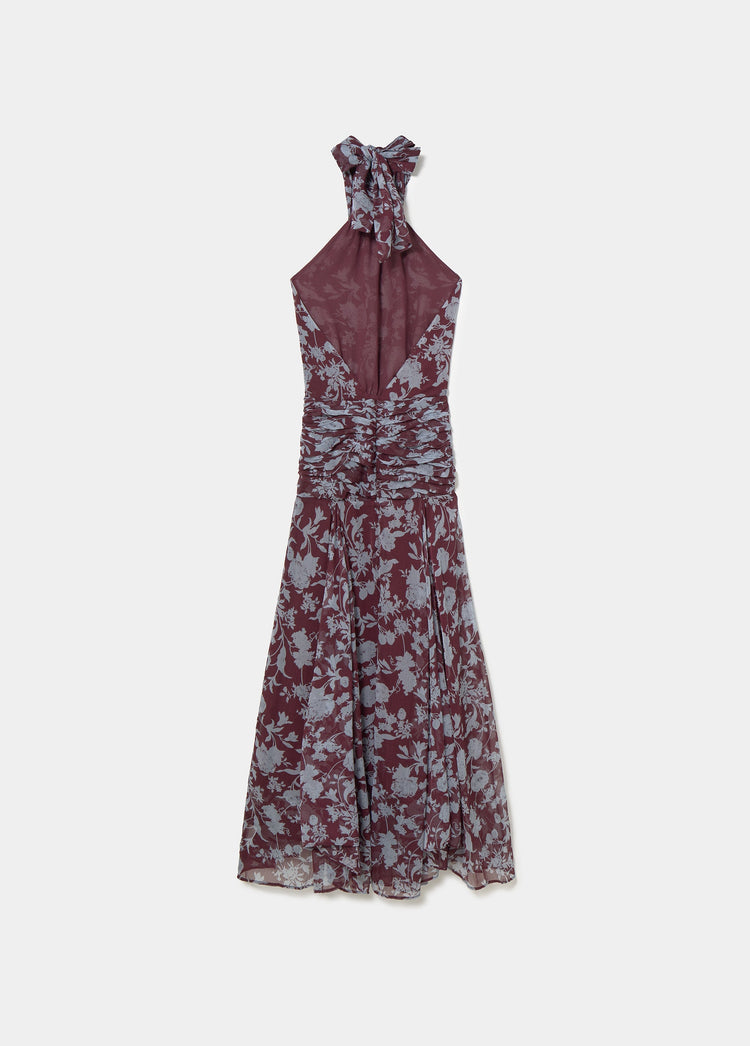 Vestido largo halter de estampado floral en granate con drapeado en la cintura