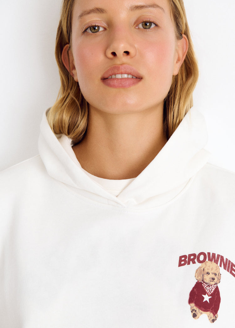 Sudadera blanca con capucha y estampado de perrito con bandana en el pecho