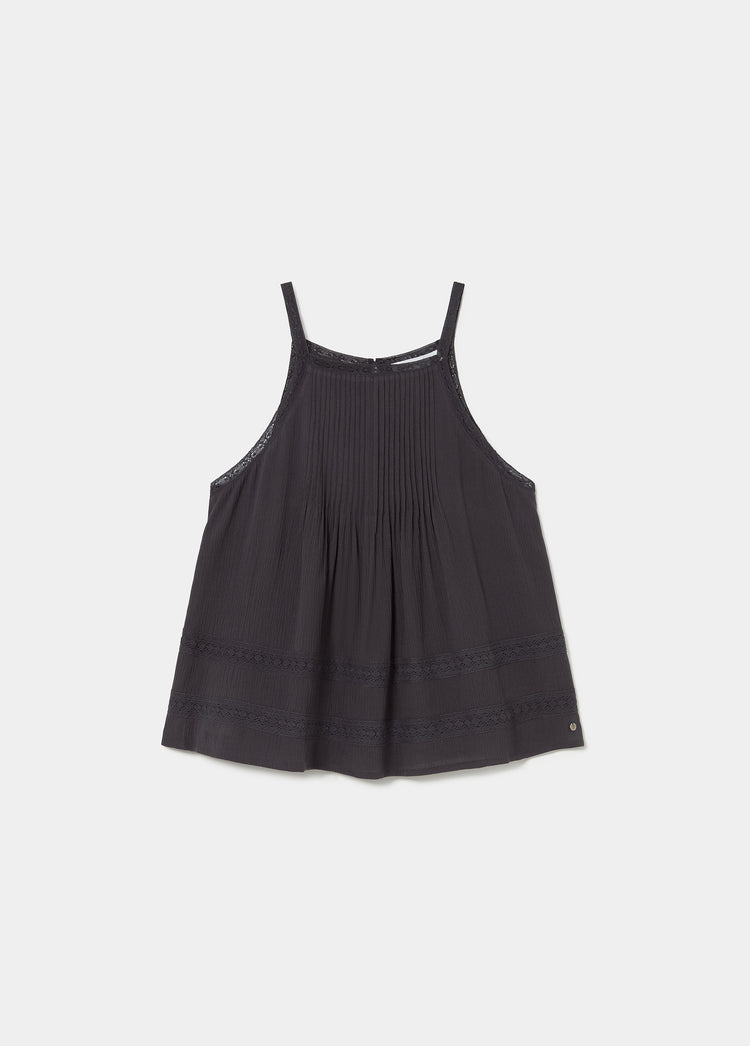 Top halter de tirantes finos en antracita con plisado vertical y bordados en la parte inferior