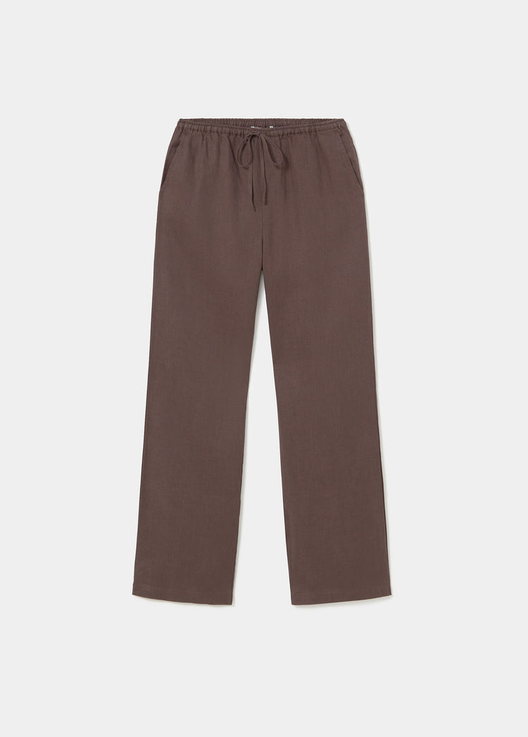 Pantalón de lino marrón con cintura elástica y cordón visto de frente