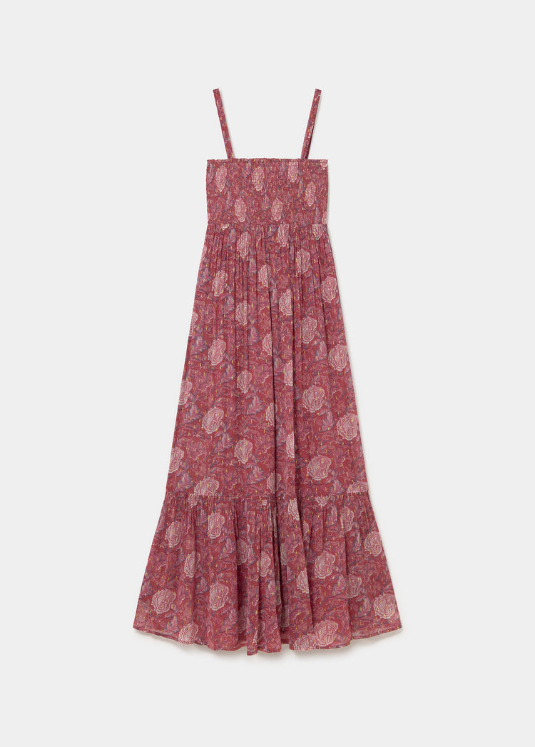 Vestido largo de tirantes finos con estampado floral en tono rosado