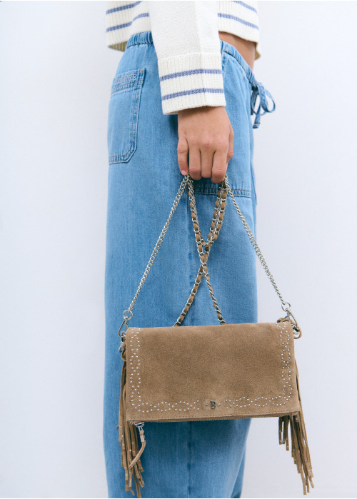 Tasche leder überschlag kleine nieten fransen