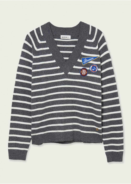 Pull-over play col v rayures écusson