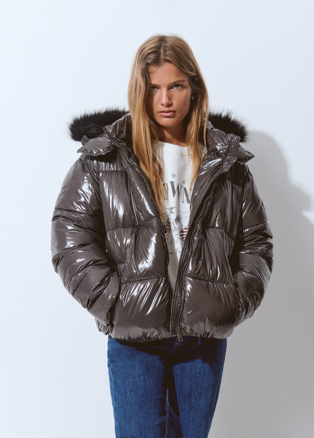 Faux vinyl puffer jacket on sale