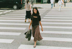 Long plaid skirt with an asymmetric hem