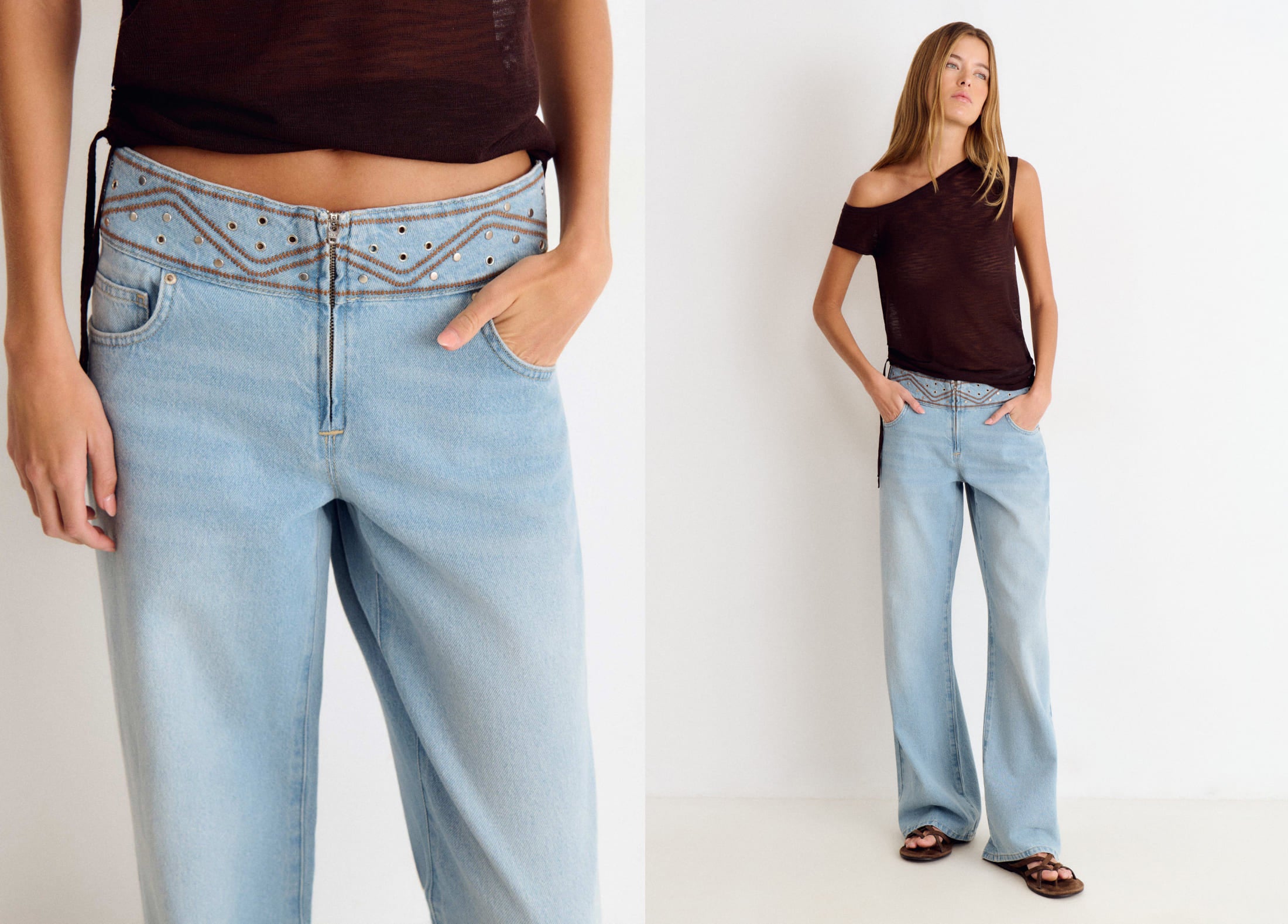 Pantalón cintura ancha bordada