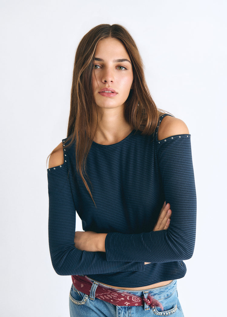 Striped cut-out embroidered T-shirt