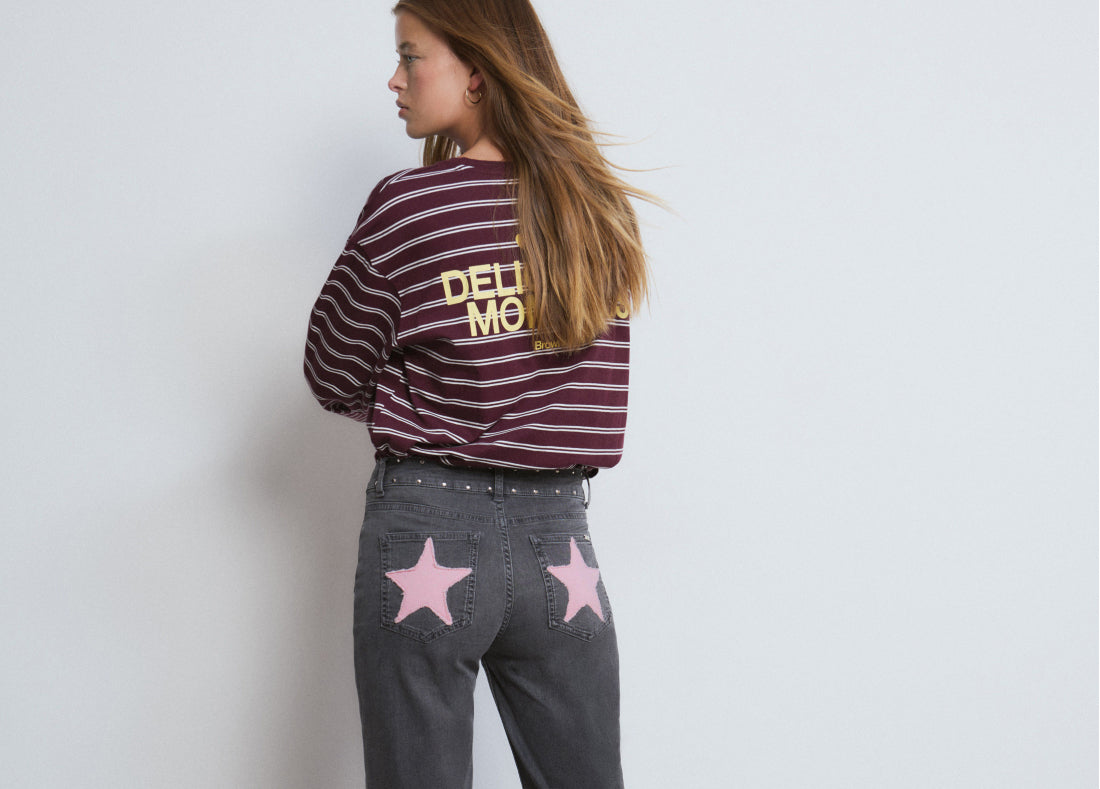 Jeans bolsillo parche estrellas twill