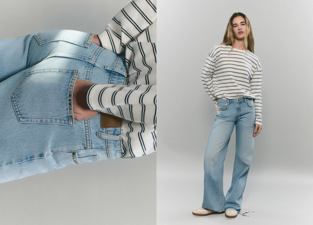 Jeans relaxed tachuelas y bajo desdoblado