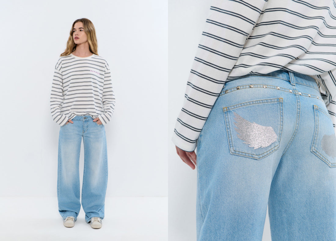 Jeans tiro bajo alas glitter