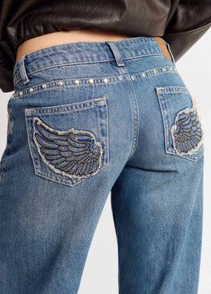 Rechte jeans met geborduurde vleugels