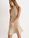 Vestido corto bajo asimetrico cuello drapeado