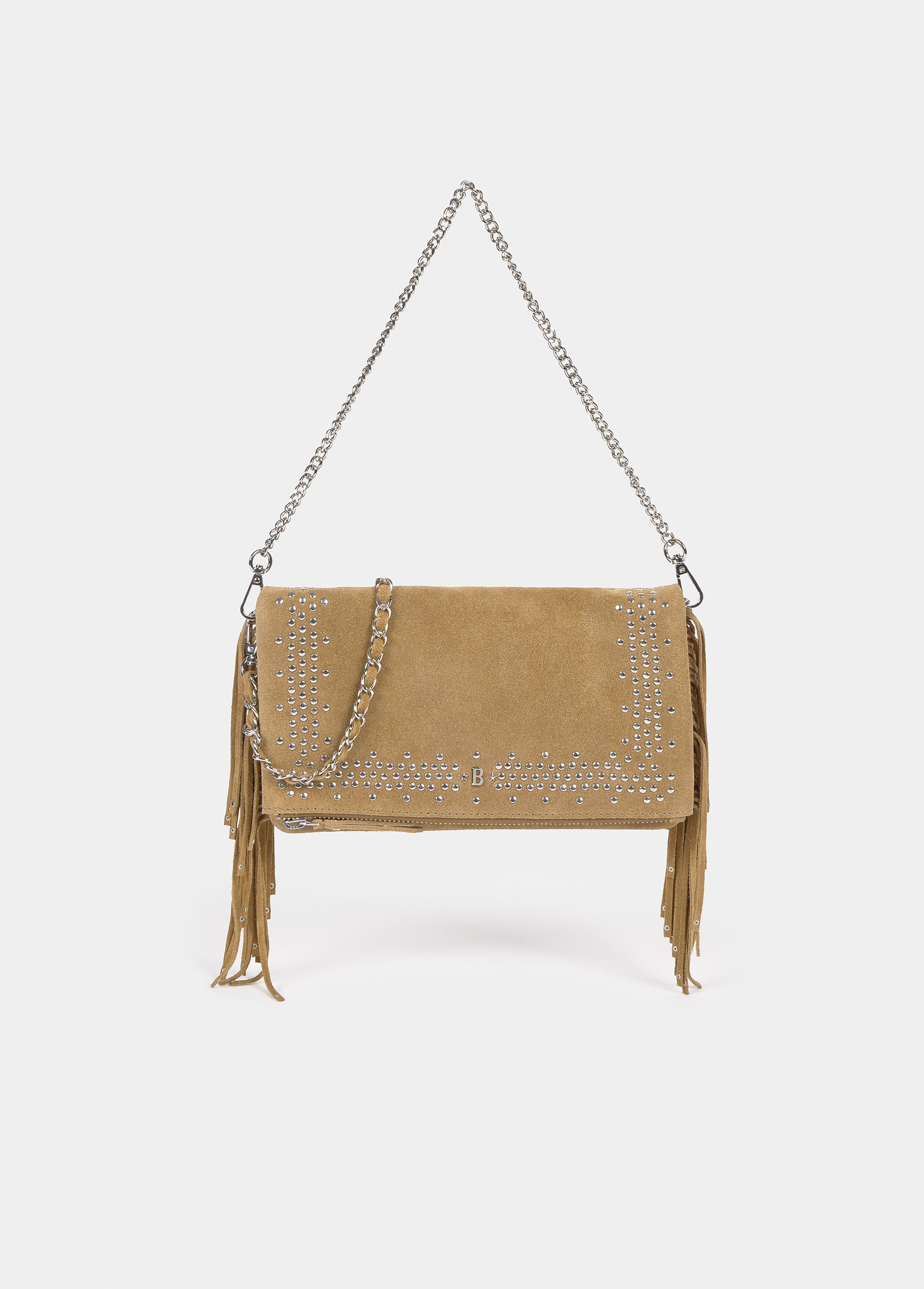 Bolso solapa tachitas flecos piel