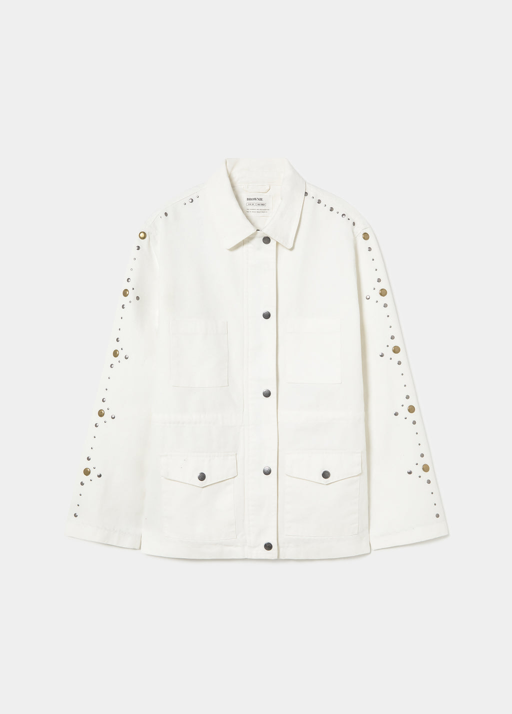 White parka with stud detail on sleeve
