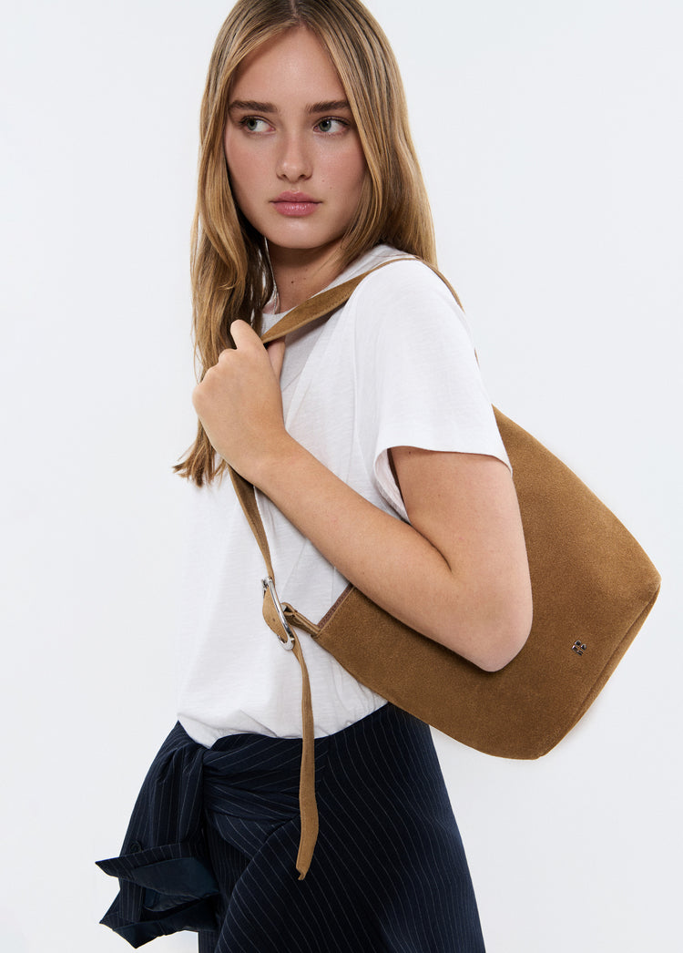 Borsa secchiello con manico in pelle