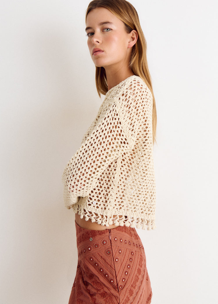 Openwork round neck sweater