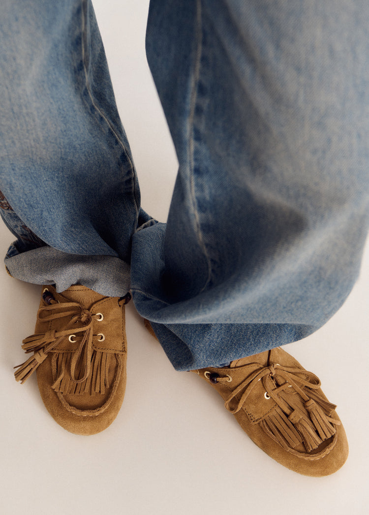 Leren mocassin-mules met kwastjes