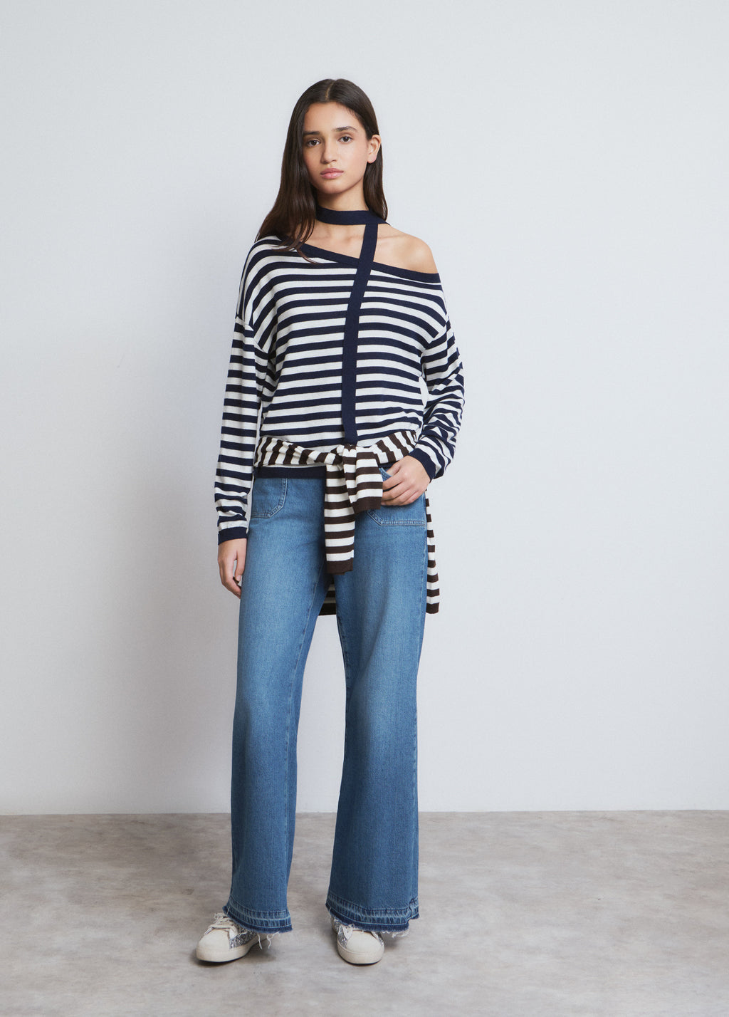 Asymmetric striped sweater with choker