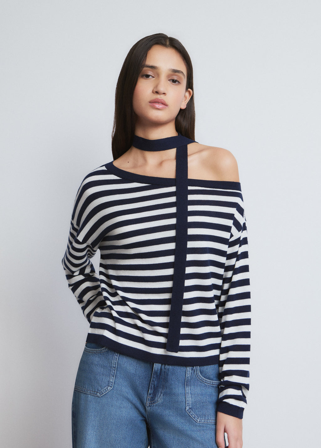 Asymmetric striped sweater with choker