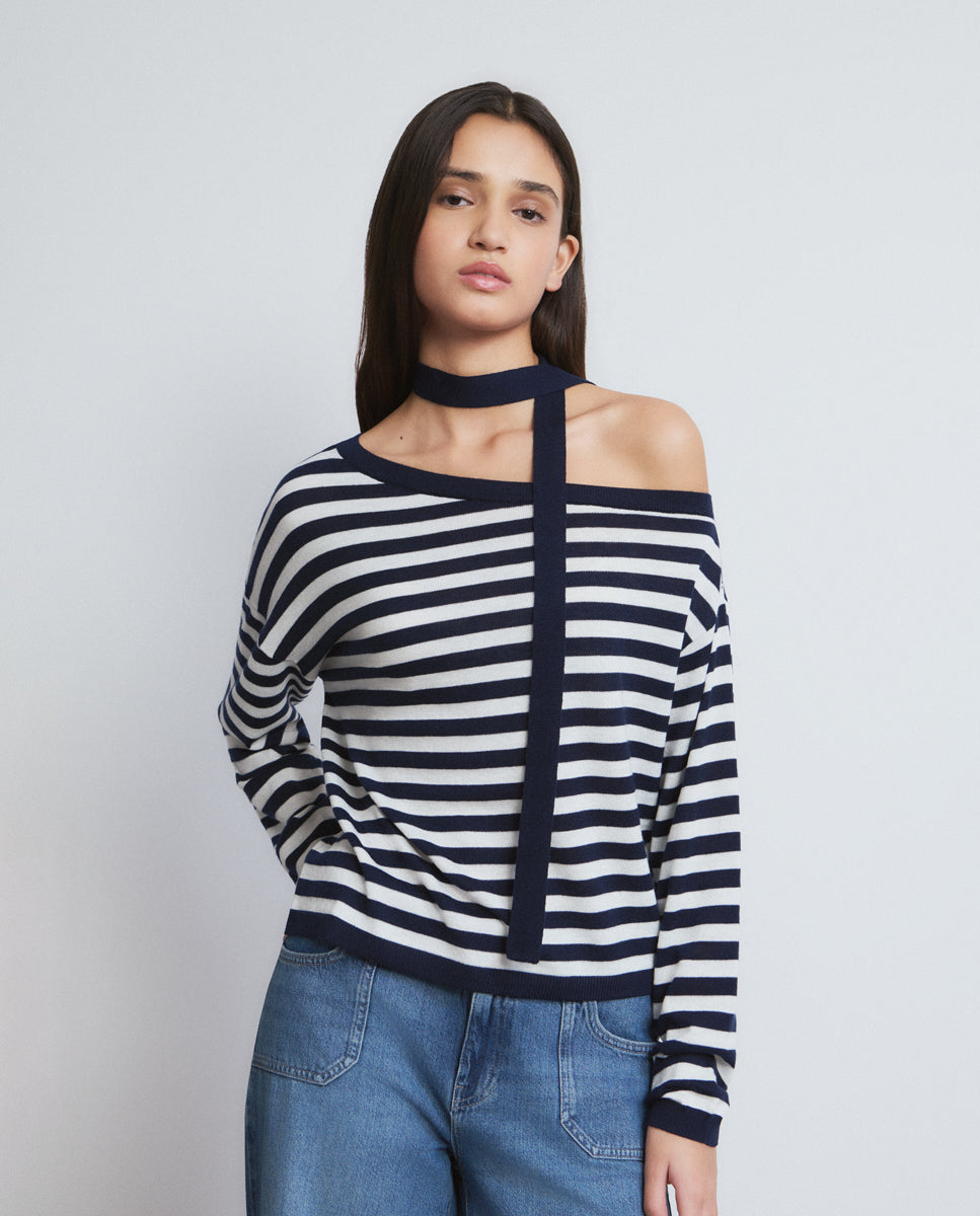 Asymmetric striped sweater with choker