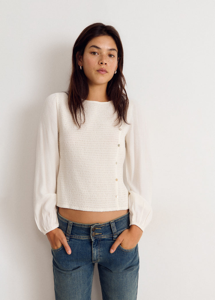 Long-sleeve smocked blouse