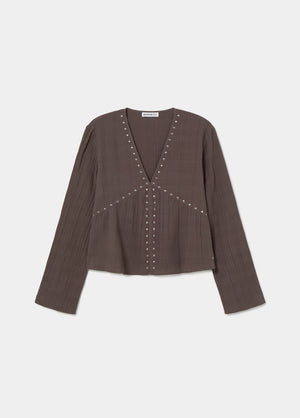 Long-sleeve studded V-neck blouse