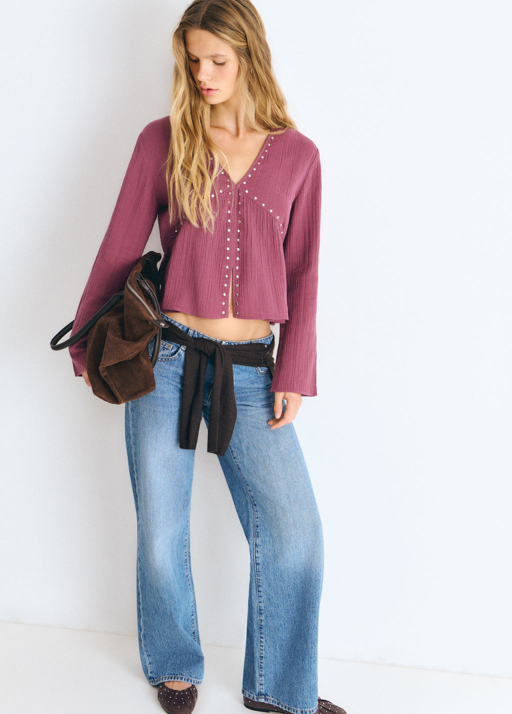 Long-sleeve studded blouse