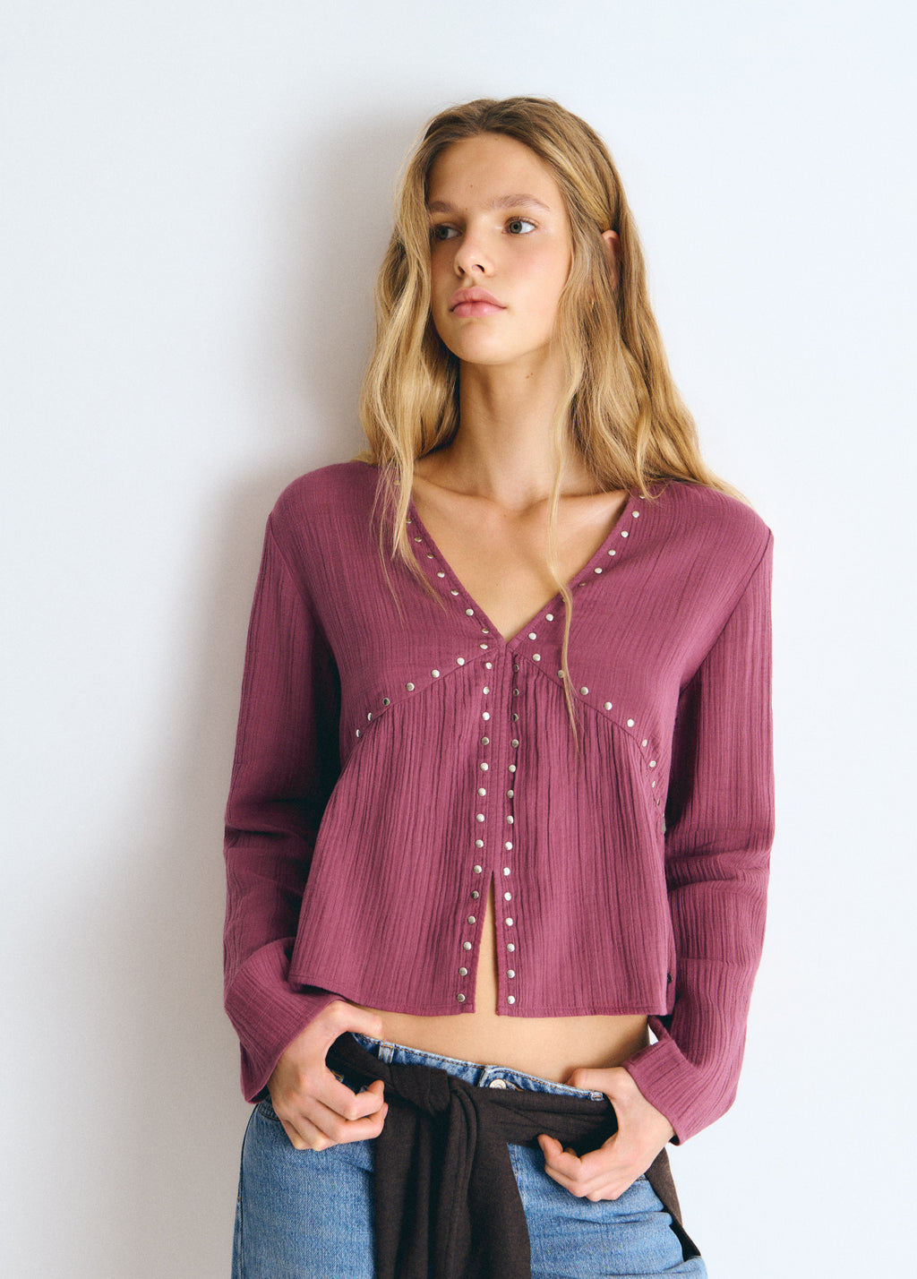 Long-sleeve studded blouse