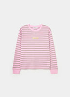 Sudadera fina de rayas en rosa lucida sobre modelo con las mangas recogidas