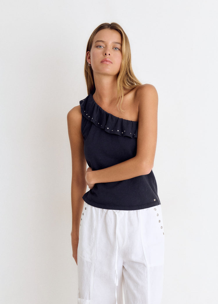 Camiseta asimétrica volante con tachas
