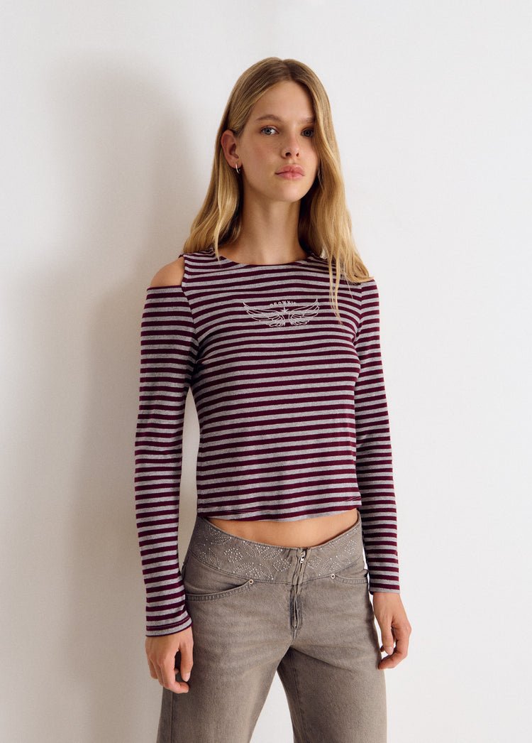 Cut-out Shoulder Lurex Stripe T-Shirt