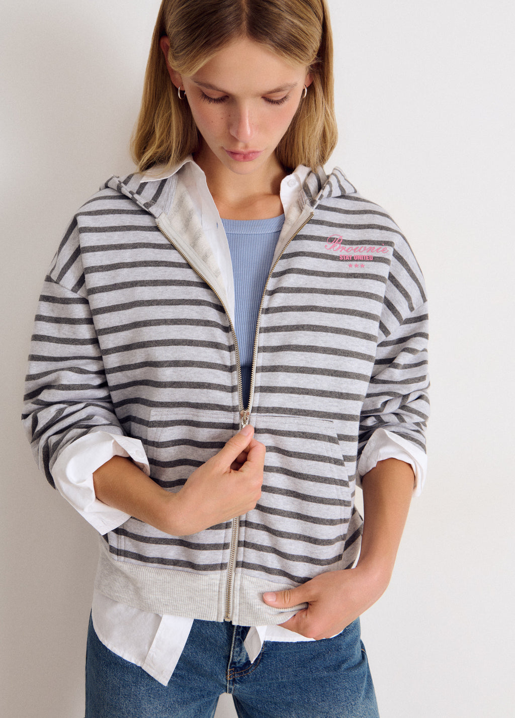 Striped zip-up sweatshirt with embroidery