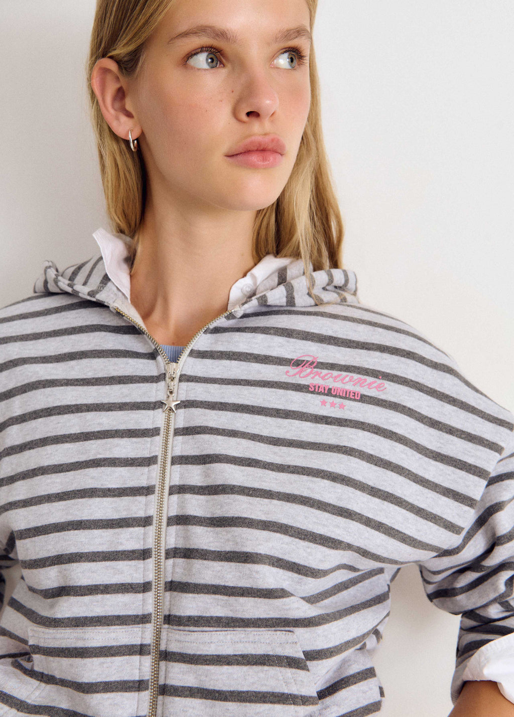 Striped zip-up sweatshirt with embroidery