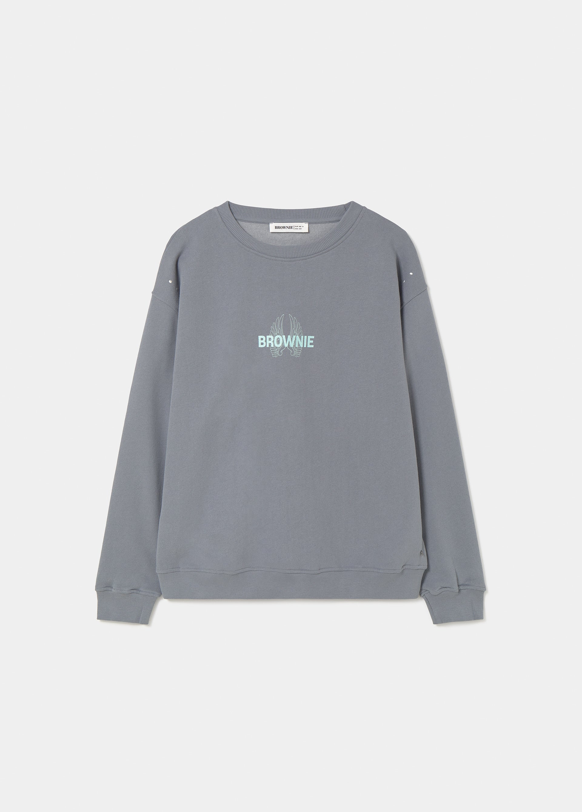 Sudadera gris con print de alas glitter en el pecho y detalles en los hombros