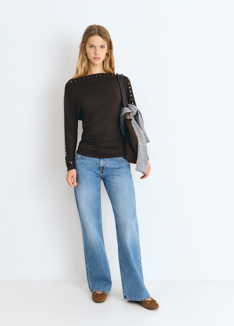 Boat-neck studded T-shirt