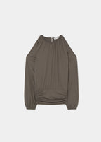 Blusa de viscosa con frunce bajo y hombros descubiertos en tono granate