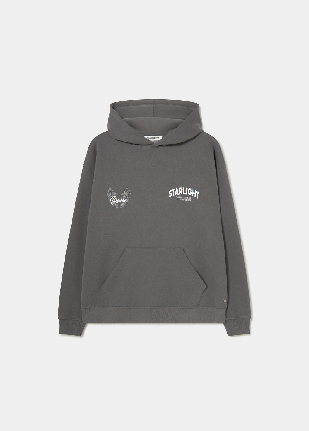 Sudadera de capucha antracita con print de lentejuelas vista frontal sobre fondo liso