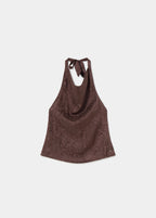 Top halter de tejido jacquard marrón lucido con caída fluida y detalles de flecos