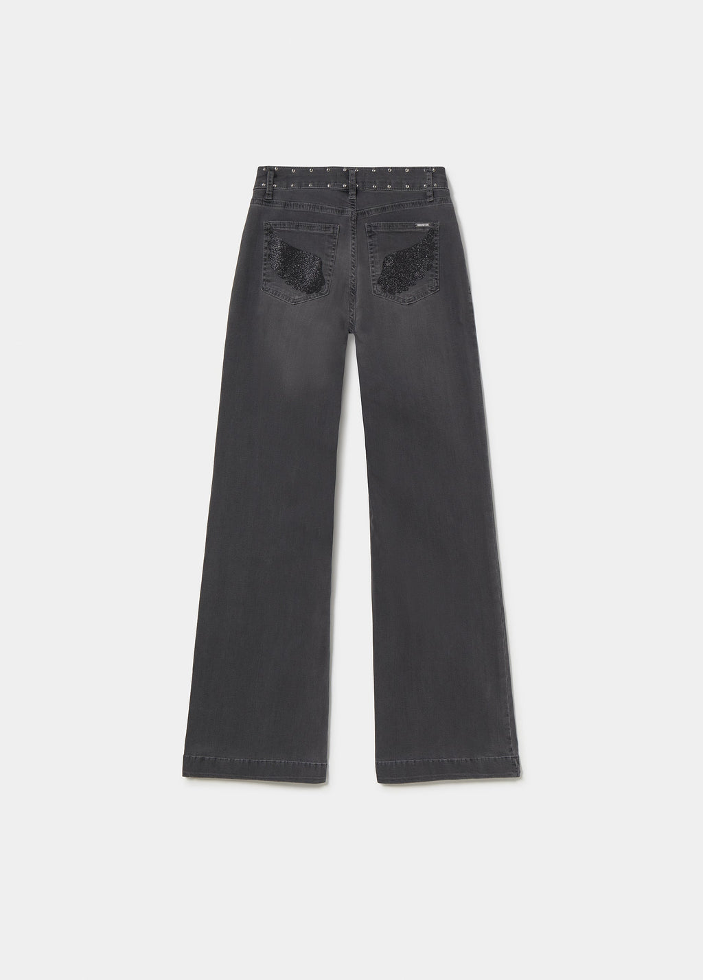 Vista trasera de vaqueros culotte de gris oscuro luciendo los bolsillos con apliques de alas glitter