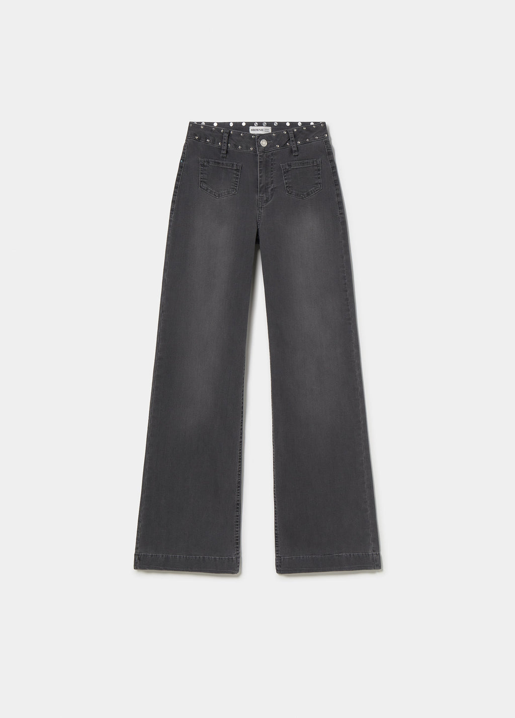 Vaqueros culotte de gris oscuro con vista trasera completa y apliques de alas glitter en el bajo