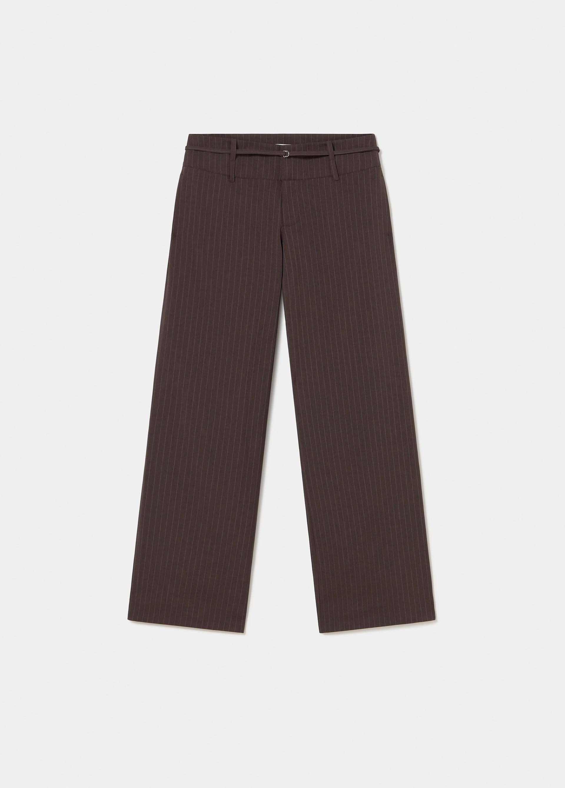 Pantalón marrón de raya diplomática y tiro alto lucido en vista frontal