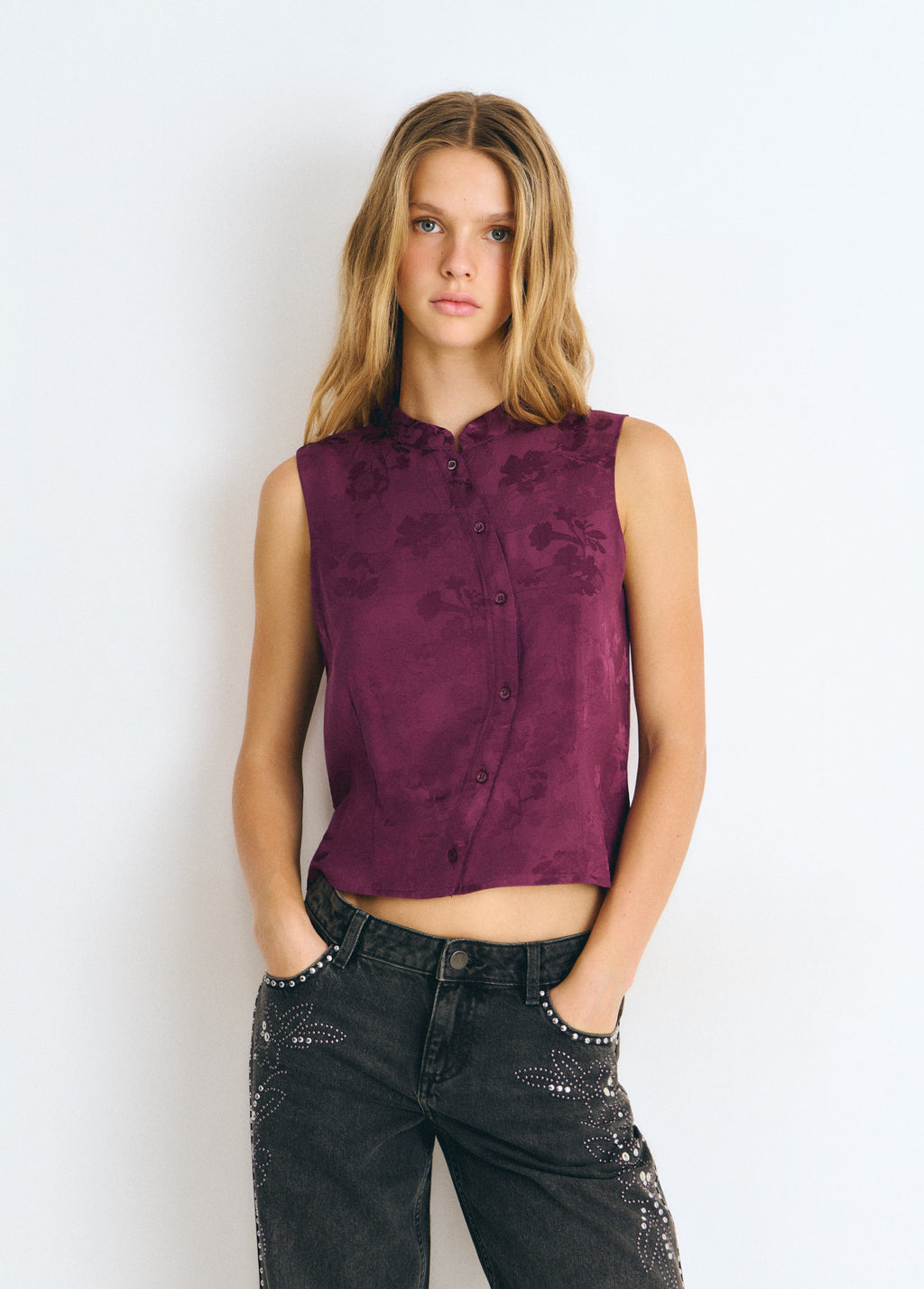Jacquard knit button-up top