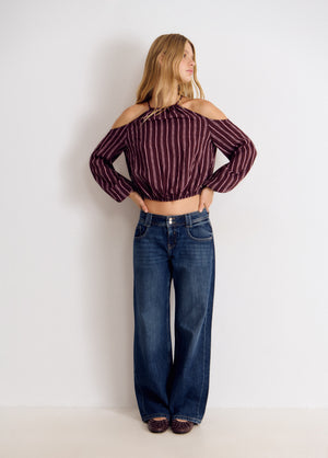 Long-sleeved striped cut-out blouse