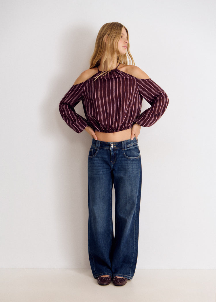 Long-sleeved striped cut-out blouse